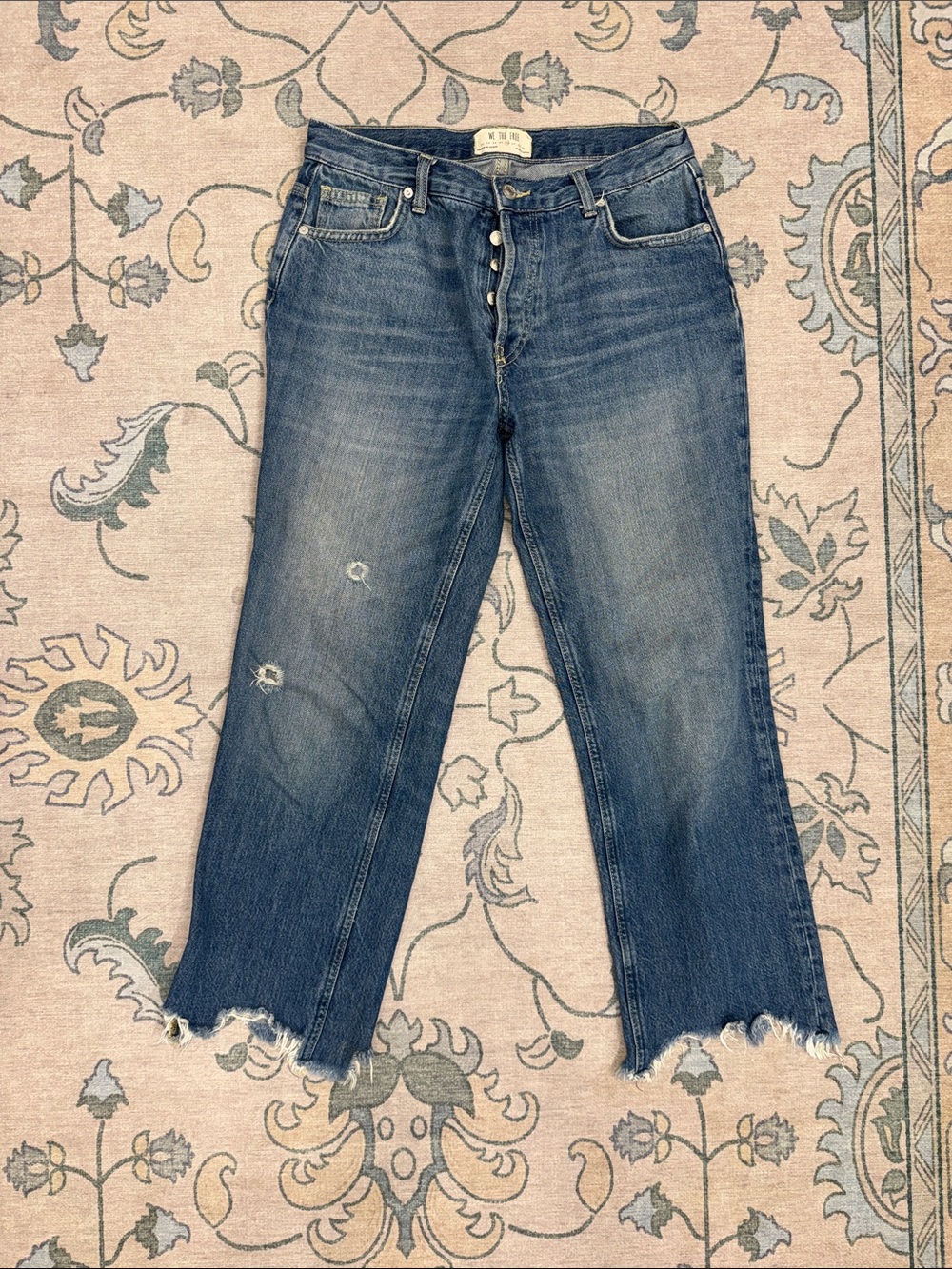 We The Free Mid-Wash Distressed Button-Fly Jeans Ankle Cropped